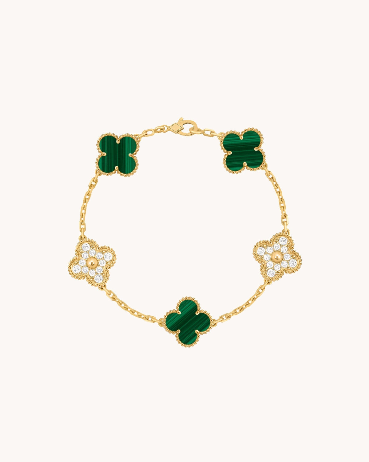 Mayceline Four Leaf Clover Bracelet — 18K Yellow Gold, Diamond, Malachite — image 1