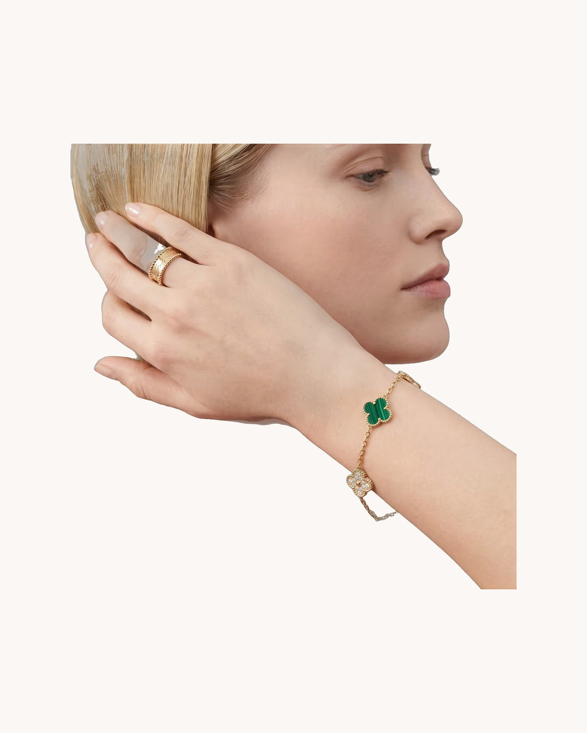 Mayceline Four Leaf Clover Bracelet — 18K Yellow Gold, Diamond, Malachite — image 2