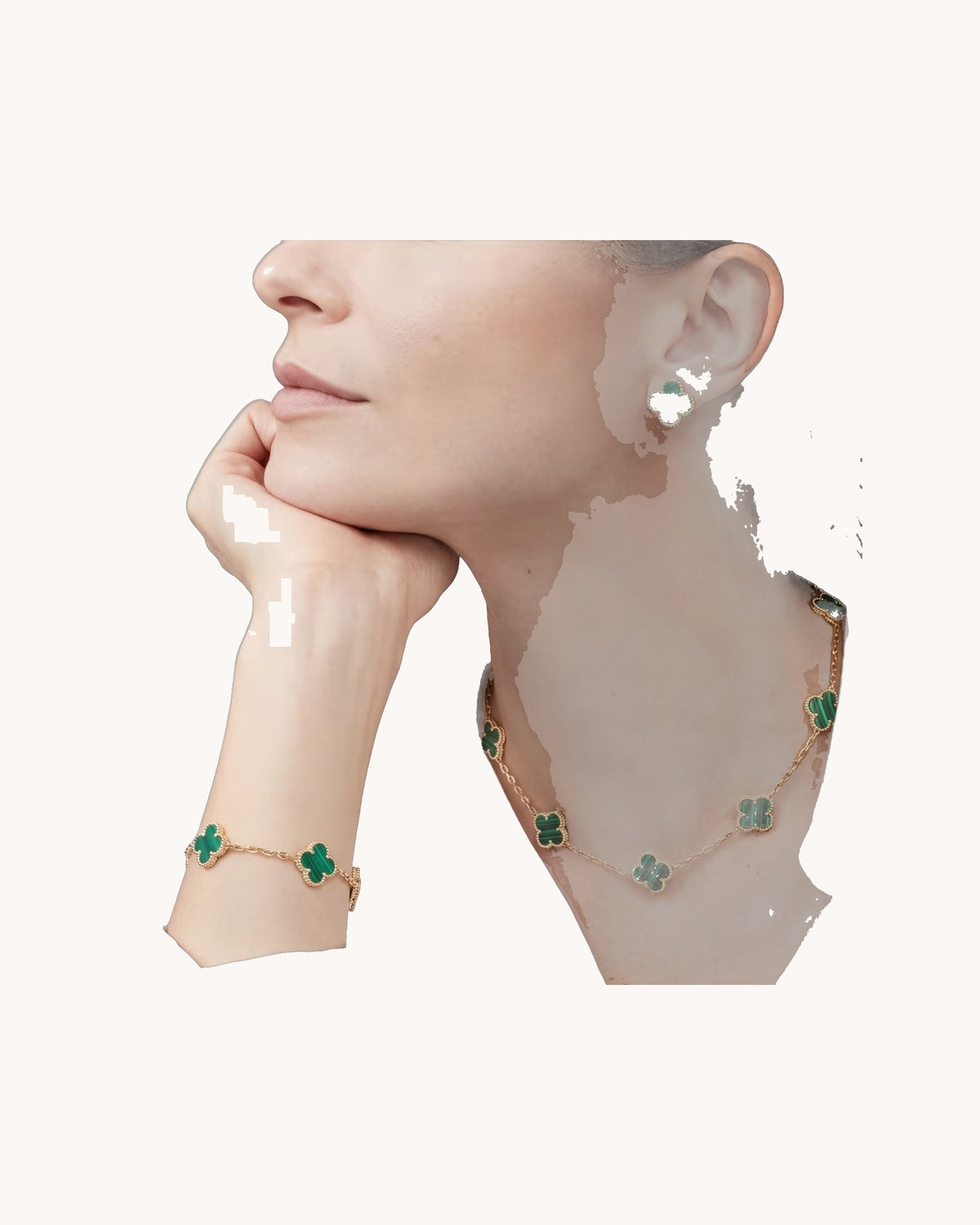 Mayceline Four Leaf Clover Necklace, 10 Motifs — 18K Yellow Gold, Malachite — image 2