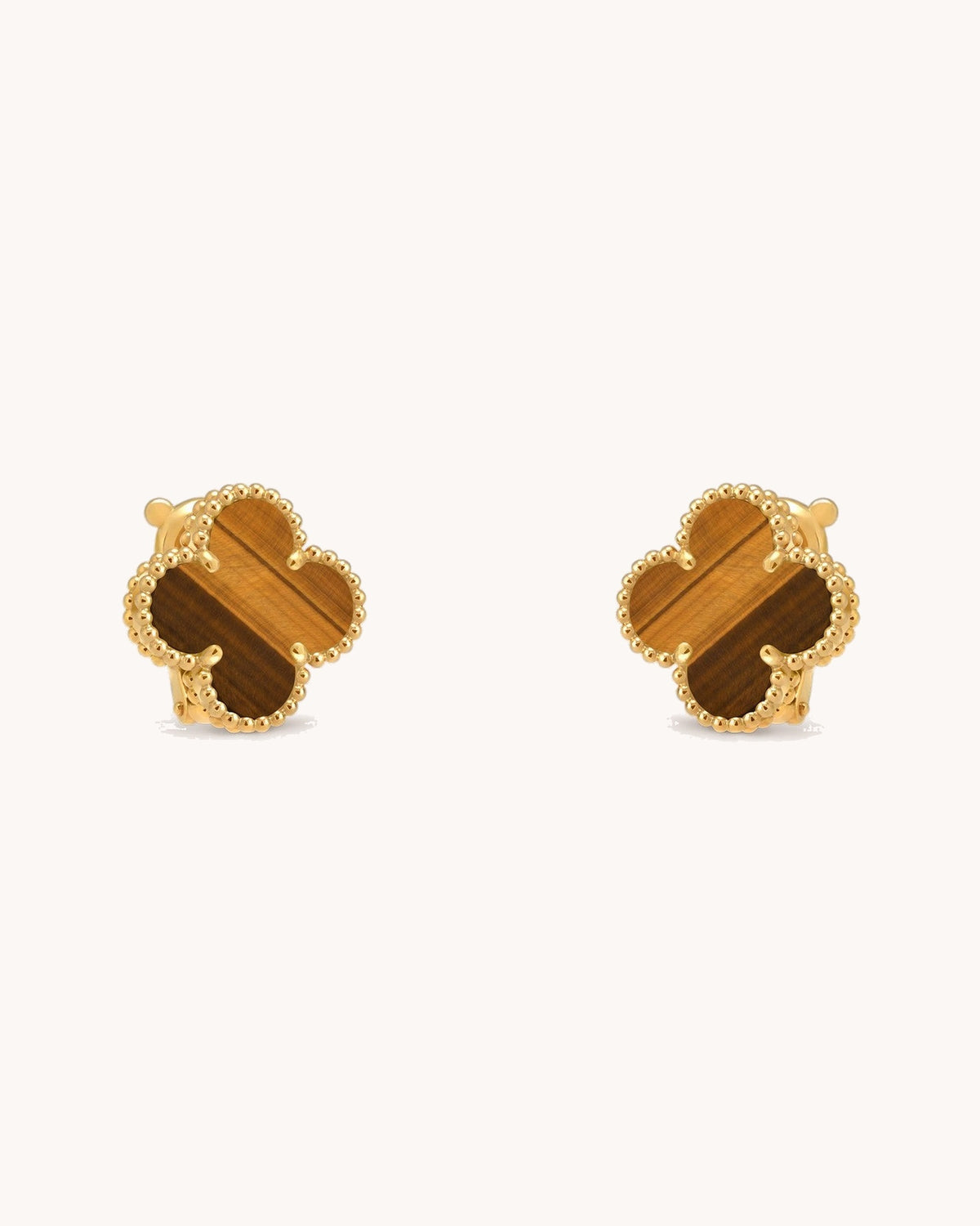 Mayceline Four Leaf Clover Earrings — 18K yellow gold, Tiger Eye