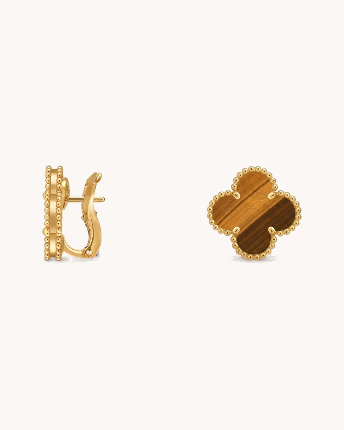 Mayceline Four Leaf Clover Earrings — 18K yellow gold, Tiger Eye
