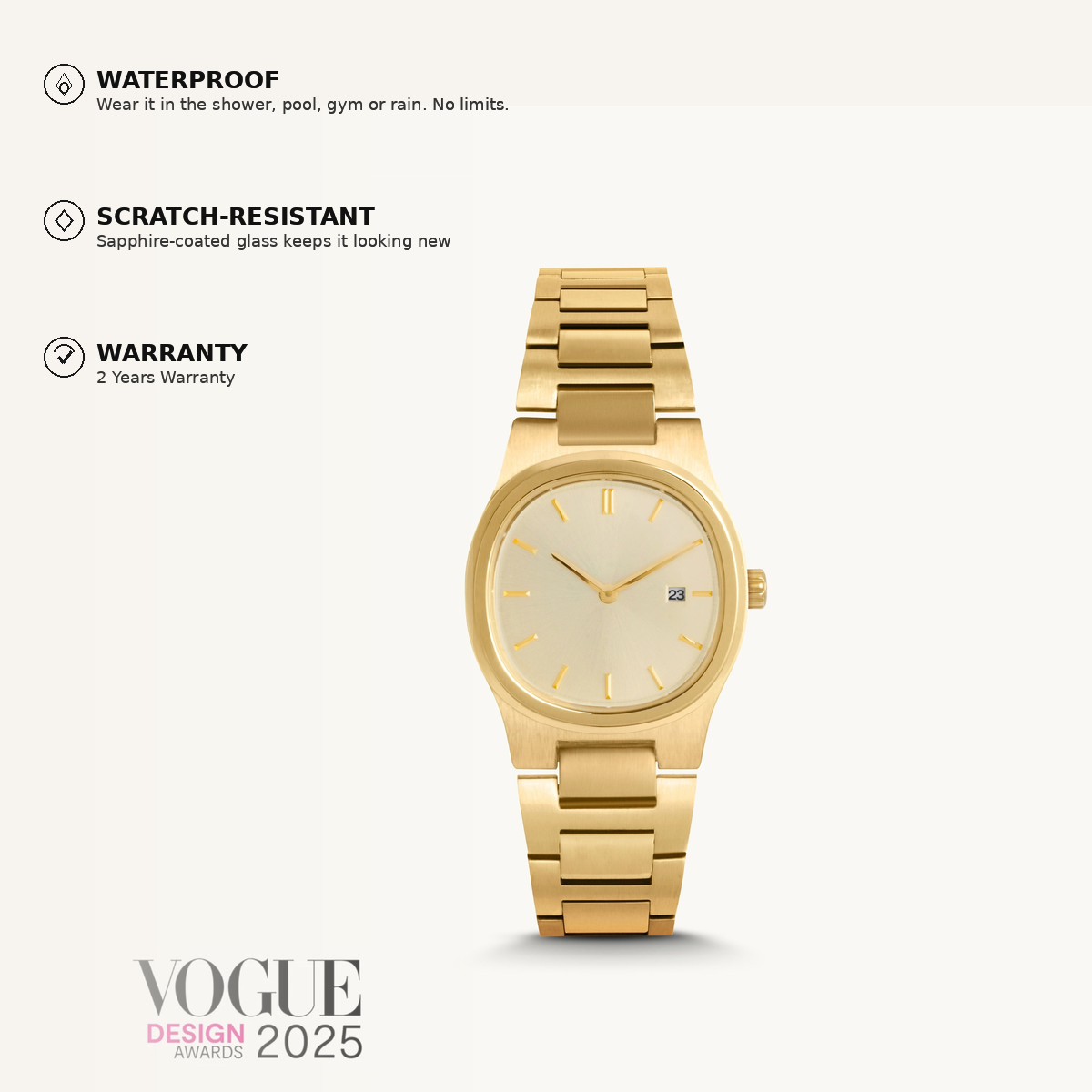Waterproof · Scratch-resistant · 2-year warranty